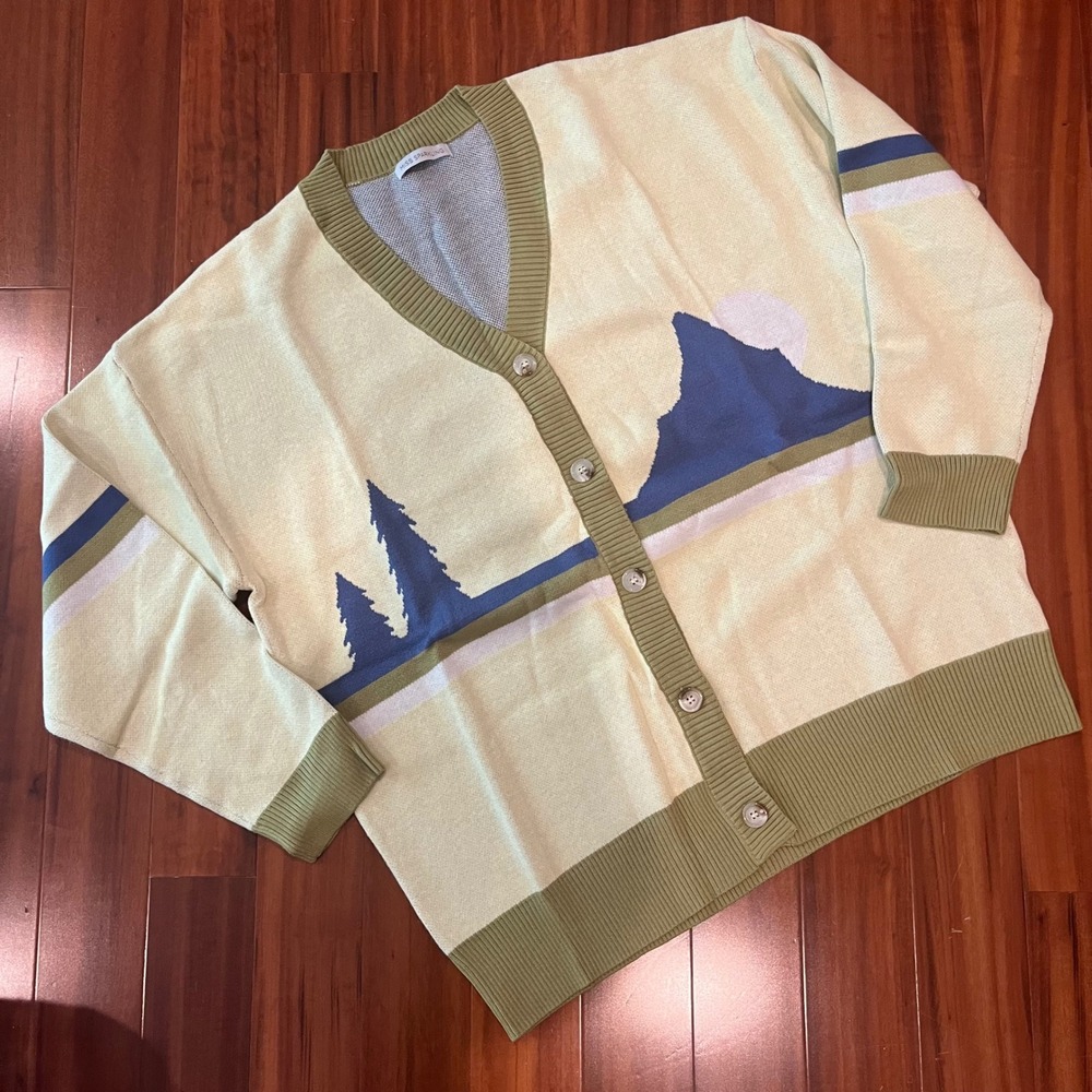 Mountain Graphic Cardigan Sweater Miss Sparkling Landscape Knit Sage Green New L